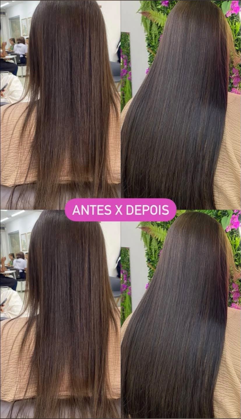 Cabelo liso e brilhante, registro de antes e depois